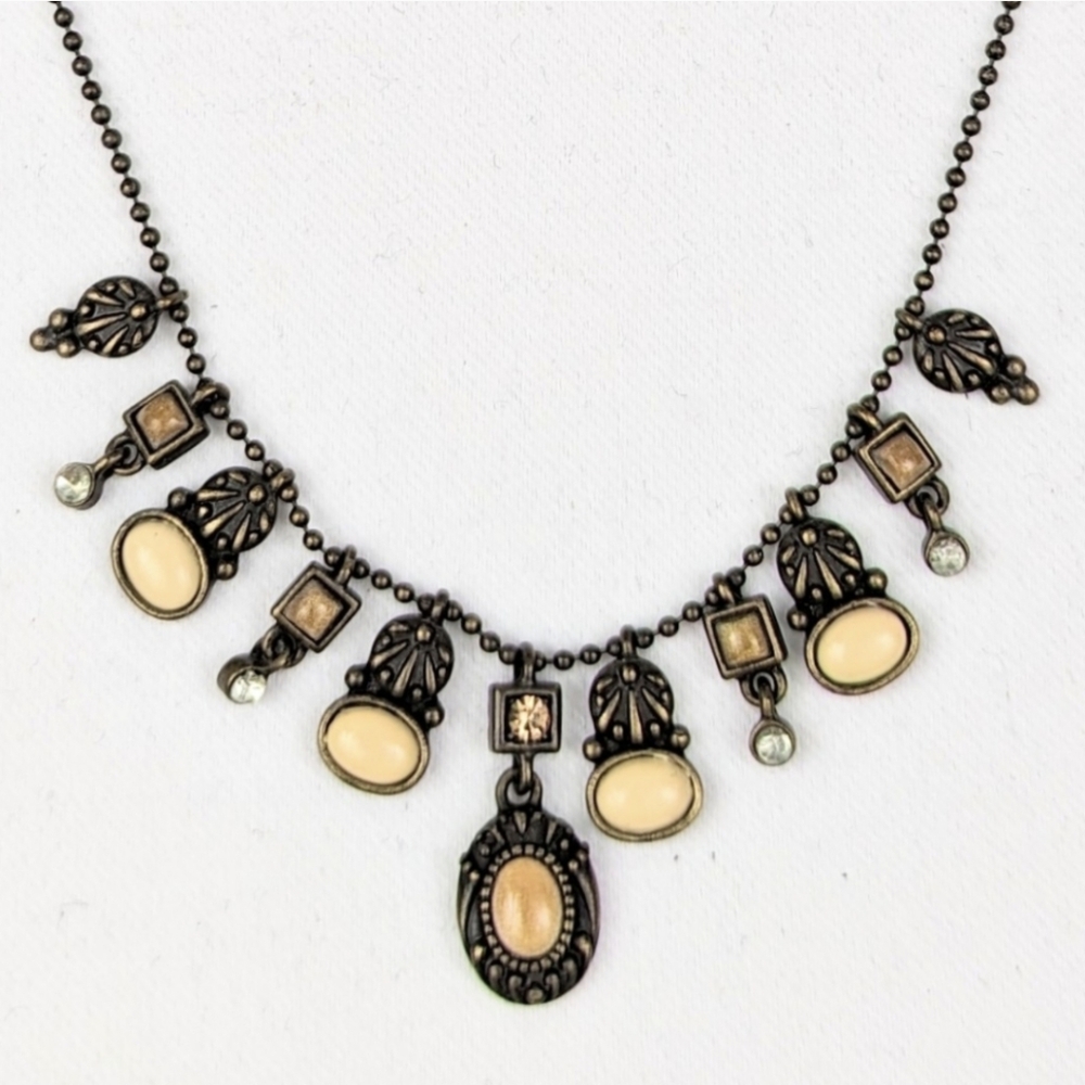 Villager Dangle Necklace Antiqued Brass Enamel Stone Rhinestone Crystal Vintage